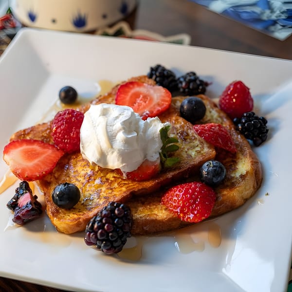Golden French toast topped with whipped cream, strawberries, blueberries, raspberries, and blackberries, drizzled with syrup.